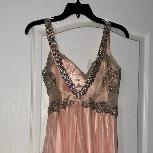 Sparkling Peach Gown with Embellished Bodice - Picture 3 of 6